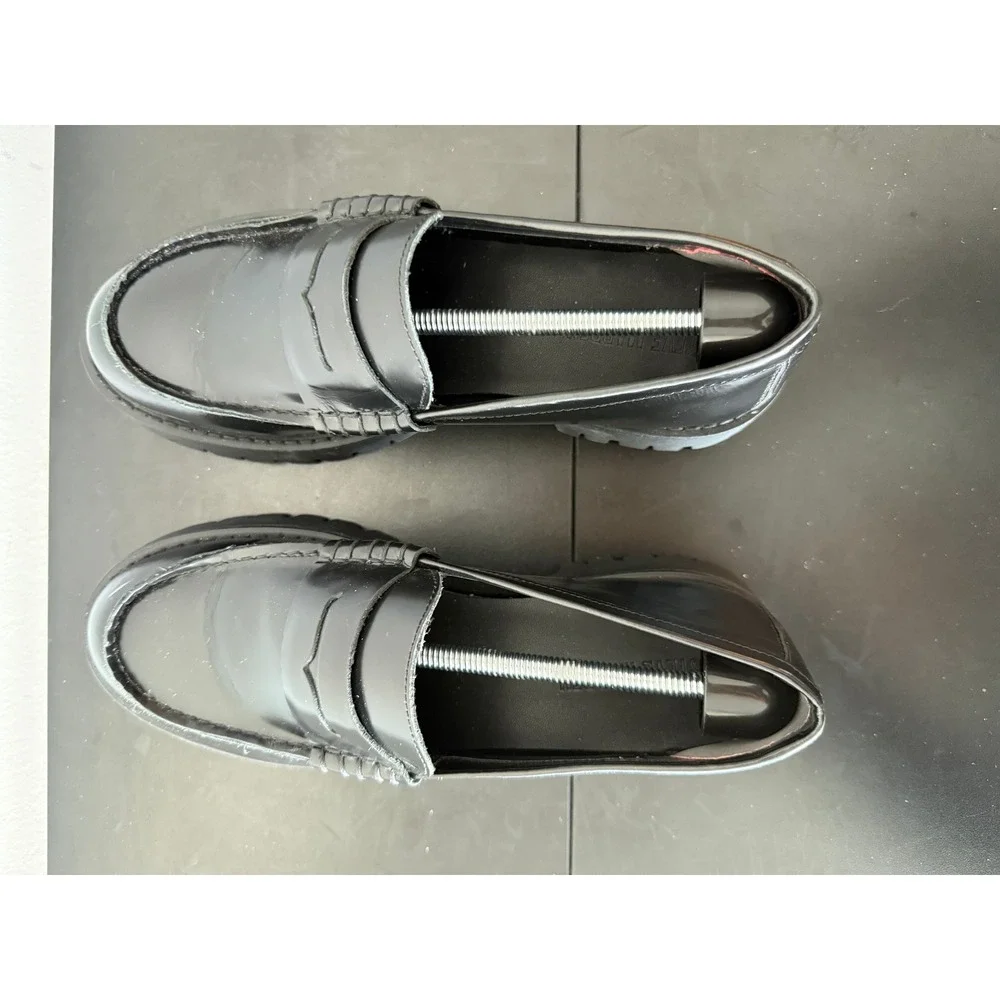 Steve Madden Langsten Black Leather Lug Sole Penny Loafers Women 10